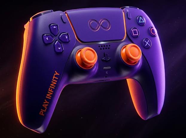 Comando PS5 Play Infinity Edition roxo com detalhes laranja